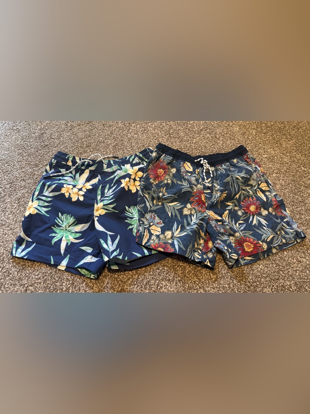 Men's Navy Floral Drawstring Swim Trunks